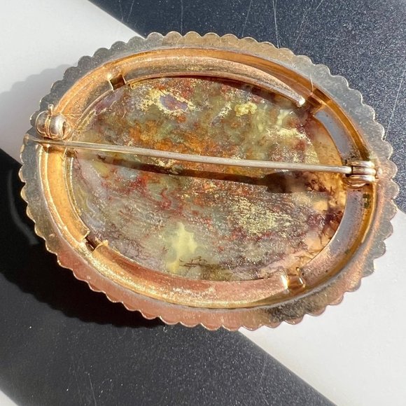 Natural Colorful Moss Agate Stone Gold Tone Open Back Estate Pin Brooch - Picture 3 of 6